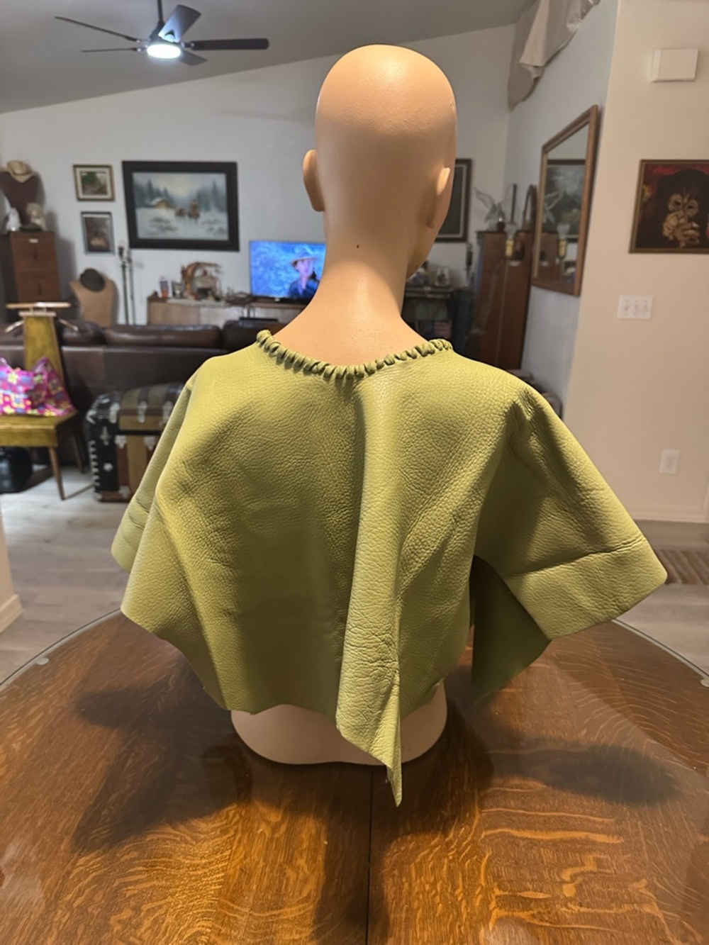 Hand made by Redhawk Designs New Zealand Deerskin Olive & Feather Poncho sz M - Picture 2 of 3
